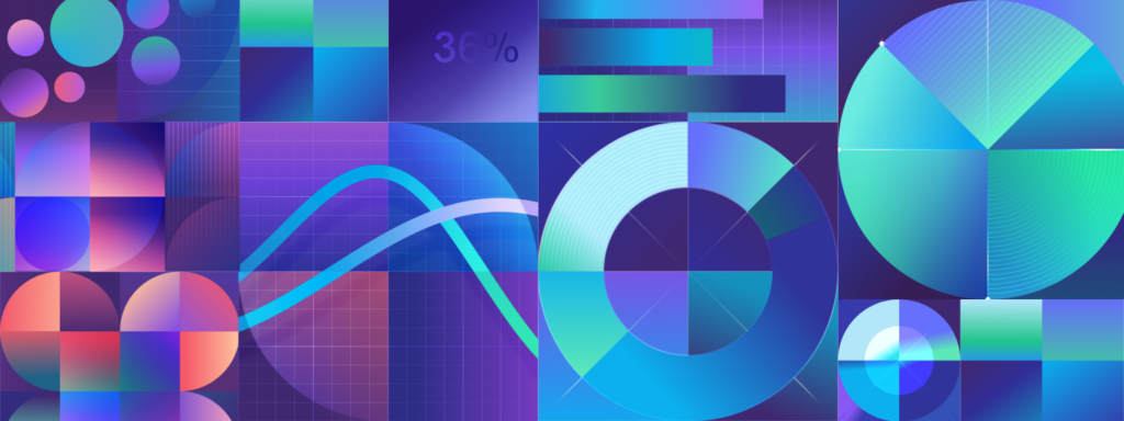 A vibrant grid-based abstract graphic featuring data visualization elements like pie charts, donut charts, bar graphs, and line graphs rendered in a colorful gradient palette of purple, blue, teal, and magenta.